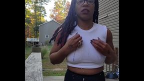 Outside peeing my shorts slurping it spitting it on my shirt with a flash while the neighbors watch
