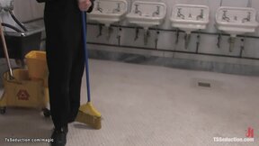 Busty shemale anal fucks cleaning man