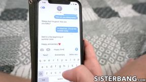 My stepsister JC Wilds jumps on my cock while my GF Katie Kinz is rubbing her pussy on the phone