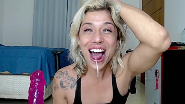 Married hairy bush MILF gags on cock, pounds both holes with monster dildo & explodes in screaming squirt