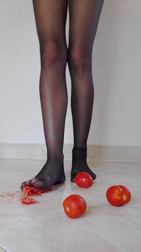 Tomato Crushing in Black Pantyhose