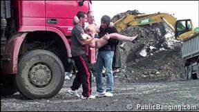 Petite nubile babe gets gangbanged on construction site