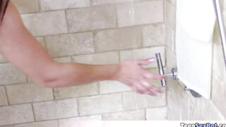 Busty stepsis having a shower fuck