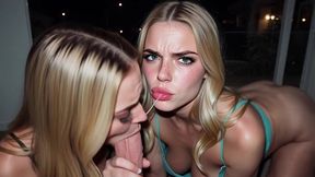 pov blowjob and handjob two cute blonde teens sucking a big dick with facial cusmhot - ai generated