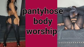 Shiny black pantyhose body worship