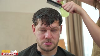 FAKEhub - Natural boob brunette trainee working in hairdressers tries cutting clients hair herself