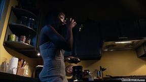 ”Strapped legs ebony banged in bed”