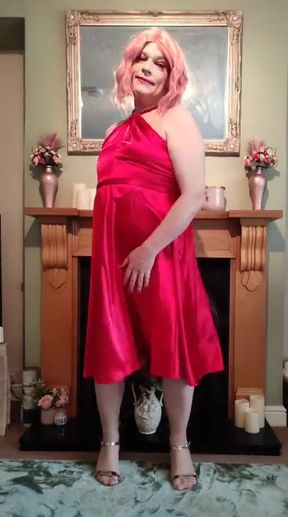 Sexy Crossdresser in Gorgeous Red Satin Dress