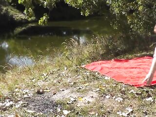 Outside, nature, by the river, bare mother I'd like to fuck has wild masturbation