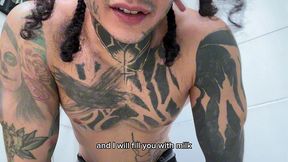 a macabre giant demon showers in front of a tiny human.