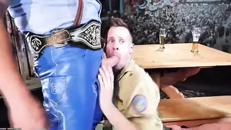 Zeus Vargas and Philipp Wants Piss in Leather Lederhosen Before Bareback Threesome