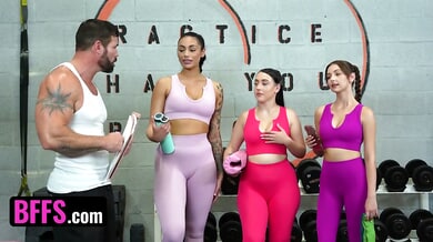 Ariana Starr and Brookie Blair join a muscle man for a hot gym foursome