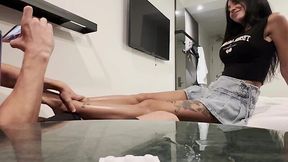 Sexy brunette MILF with nice boobs and ass gets slammed from behind on a big bed, then lets her man cum in her mouth