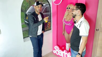 Colombian Barbie gets facial from multiple guys in pink celebrity room