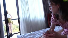 Hey girlfriend help my boyfriend cum! Two lesbian friends fuck a guy with a big dick!