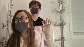 Asian nerdy housewife seduces plumber and he fucks her in the bathroom
