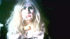 Shitcunt sissy pig Sarah Millward, smokes, wanks, fucks herself with 9&quot_ dildo, clamps nipples/tongue smashes creamy pie into face