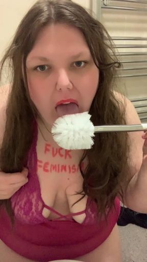 Ex Feminist slut brushing teeth with toilet brush humiliation