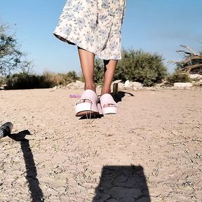 Beautiful little femboy walks in public wearing very hot pink dress and sandals