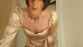 Riding a dildo in champagne satin dress: jesss sensual experience with a short wig and black jacket