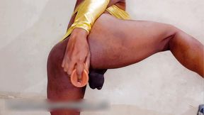 femboy nasty and sexy fuck in golden lingerie while in chastity cage