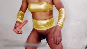 femboy nasty and sexy fuck in golden lingerie while in chastity cage