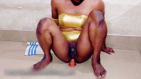 femboy nasty and sexy fuck in golden lingerie while in chastity cage