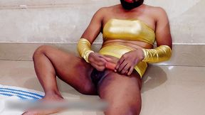 femboy nasty and sexy fuck in golden lingerie while in chastity cage