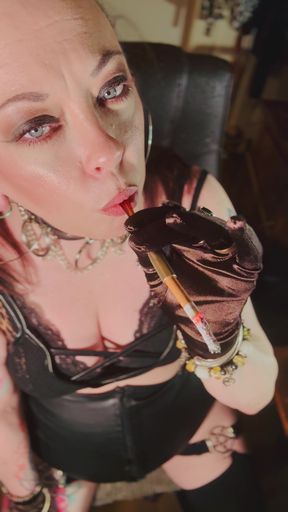 This Goth Girl, Tina Snua, Smoking A Cigarette In Satin Gloves &amp; Jewellery - Smoker Emo Smokes