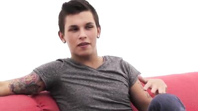 Inked guy gets jizzed on after being fucked by two guys