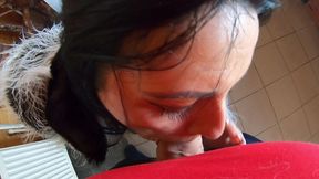 tight green leather pants cameltoe – blowjob & doggy with cum on my fur coat & downjacket