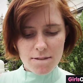 Cute redheaded lesbians with hairy pussies meet and fuck