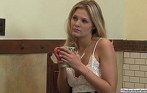 A blonde lesbian sniffs bffs lingerie then licks her pussy