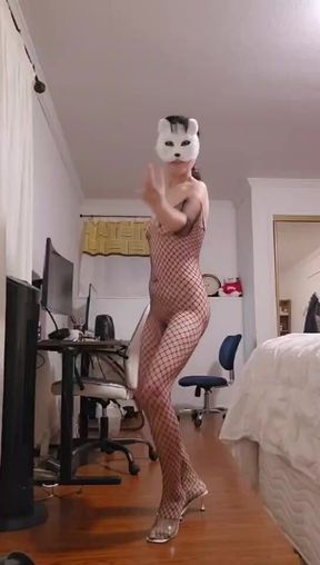 Wife Sexy Dance in Black Fishnet