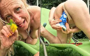 Mature MILF's prolapse pussy gets stuffed with a mega dildo