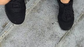 Flexing muscular calves at transit