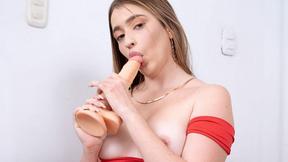 ”Brunette beautiful babe with hard pencil-eraser nips strips off her red lingerie & shows off some of her favorite toys.”