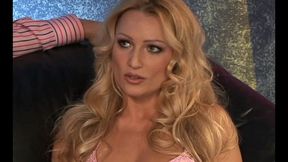 pretty blonde gives him head and rides him on the couch