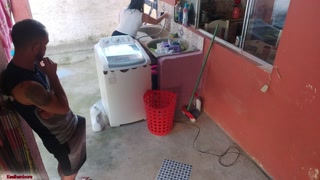 The boss left and the maid couldn't resist my erect dick