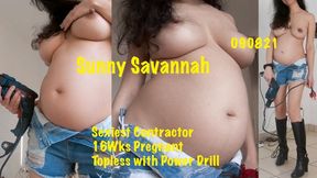 Topless Pregnant Contractor Using Power Drill - 16 Weeks Pregnant