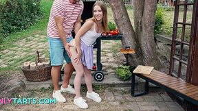 Skinny blonde teen craves a pair of hefty cocks in spit-roasting ffm