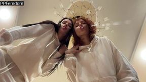 double pov spitting and foot domination in socks with two smoking mistresses kira and sofi