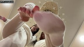 double pov spitting and foot domination in socks with two smoking mistresses kira and sofi