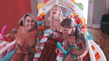 Candy loving sluts play with their gaping assholes and pussies
