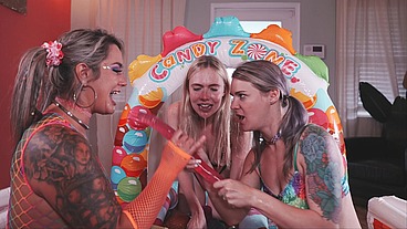 Candy loving sluts play with their gaping assholes and pussies