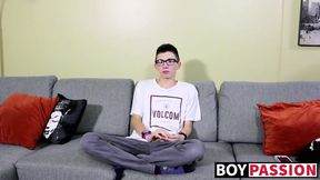 Twink nerd Cameron Hilander jacking his big stiff cock