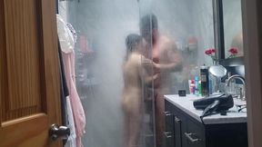 Hotwife MILF gives blowjob and rides big cock in homemade shower