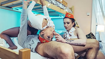 Two Glamorous Flight Attendants Fuck Lucky Dude In a Hostel - Caroline Mann, Lindsey Cruz