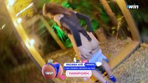 Busty brunette Fernanda Ribeiro moans while giving standing doggystyle blowjob