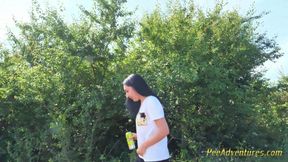 Sexy Brunette Trying Hard to Empty Her Bladder Outside, Then Quick Pee Next to a House in Construction